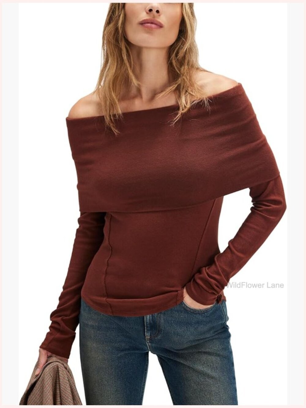 Off-Shoulder Ruffle T-Shirt Long Sleeve Cotton Blend Stretchable